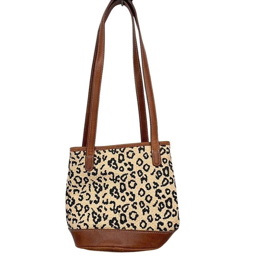 Liz Claiborne Shoulder Bag Leopard Print Straw Woven‎ Brown Tan Small